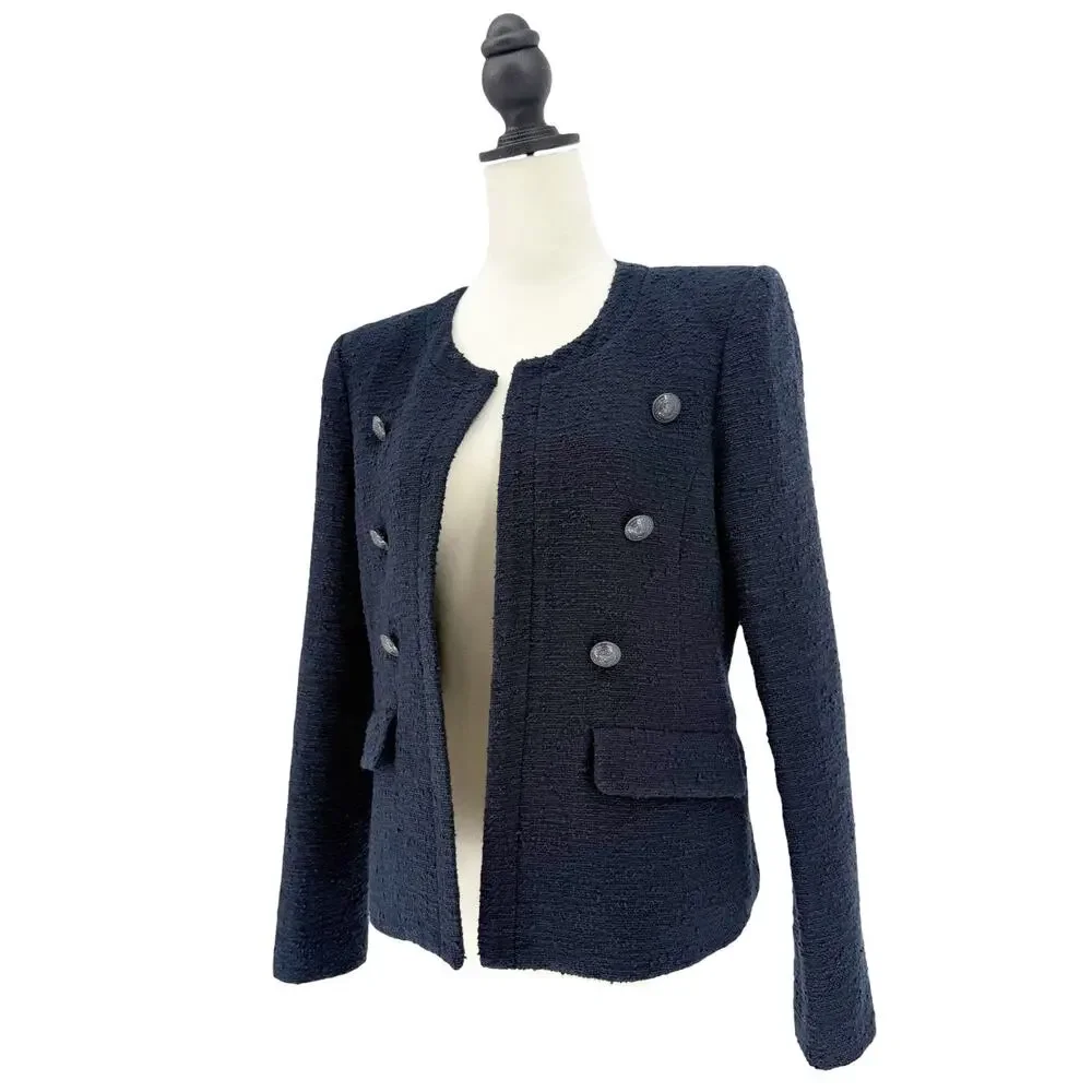 L'agence Effie Jacket Tweed Boucle Blazer in Midnight Navy Blue Size 8 Large - Picture 7 of 10